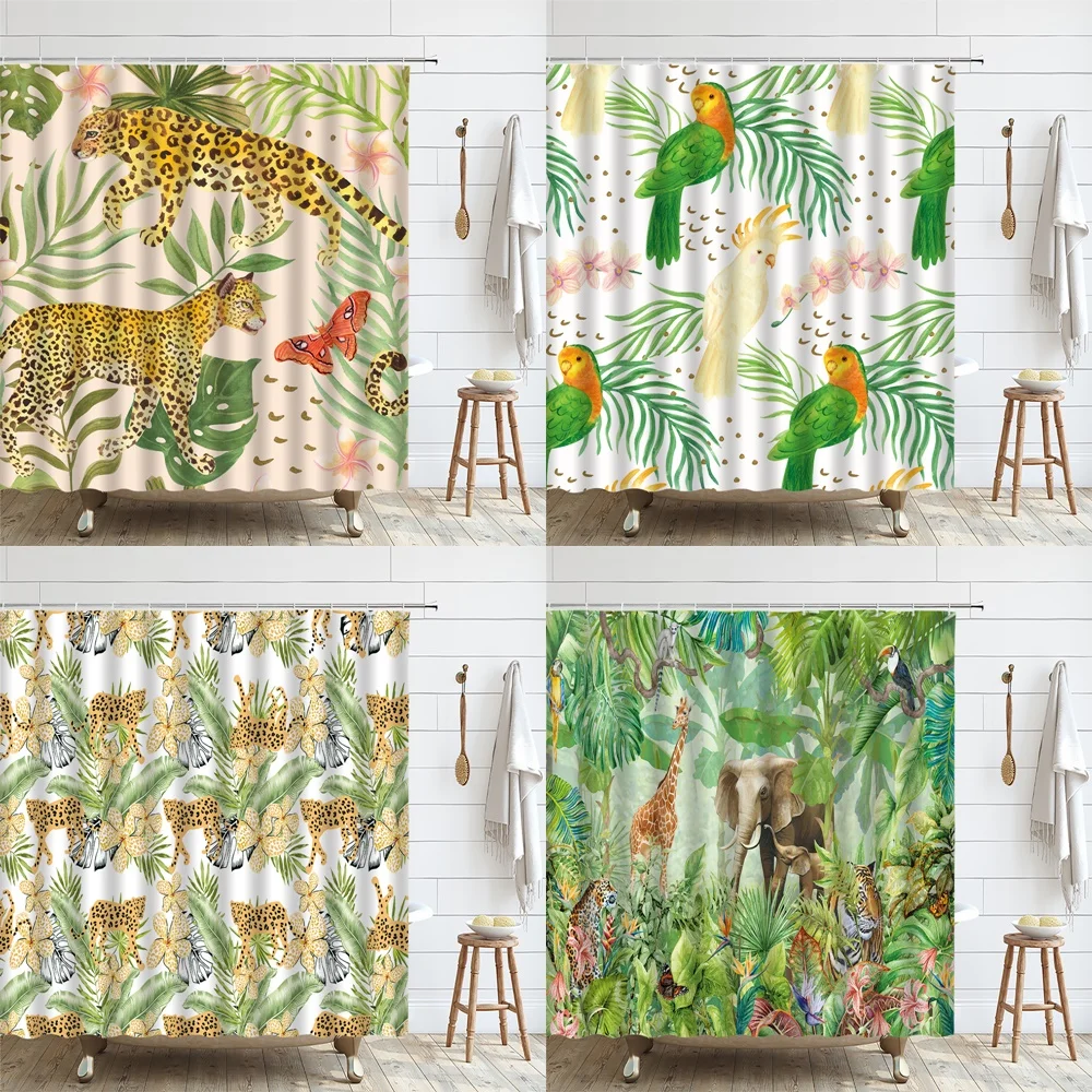 

Rainforest Animal Shower Curtain Tropical Jungle Forest Elephant Leopard Parrot Giraffe Bathroom Curtains Wildlife Fabric Screen