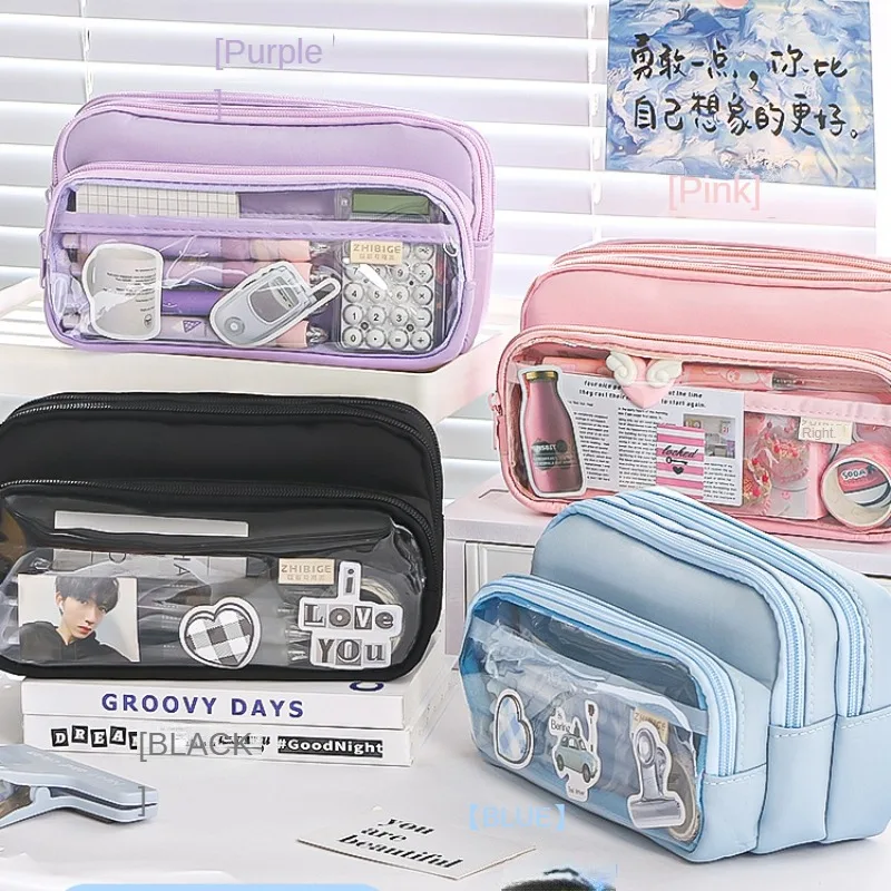 Grande Capacidade Transparente Bolsa do Lápis Simples Multilayers Papelaria Caixa Case Coreano Material Escolar Estudante