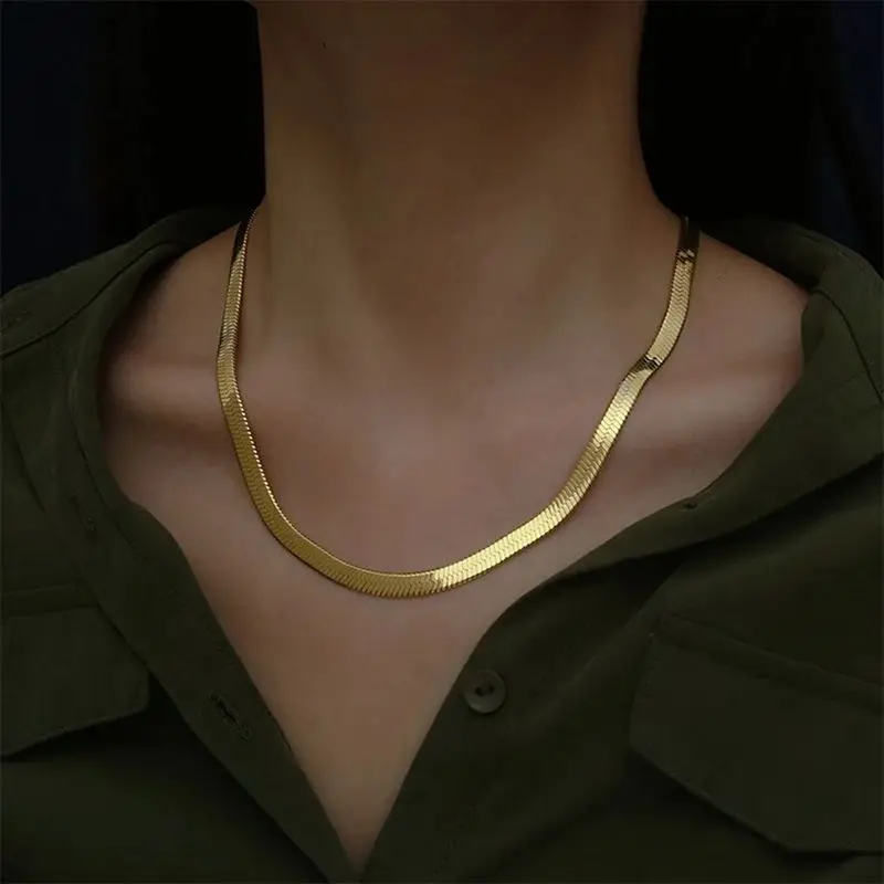 

925 Sterling Silver 18k Gold 4mm Flat Chain Necklace For Women Luxury Fine Jewelry Wedding Gift Choker Clavicle