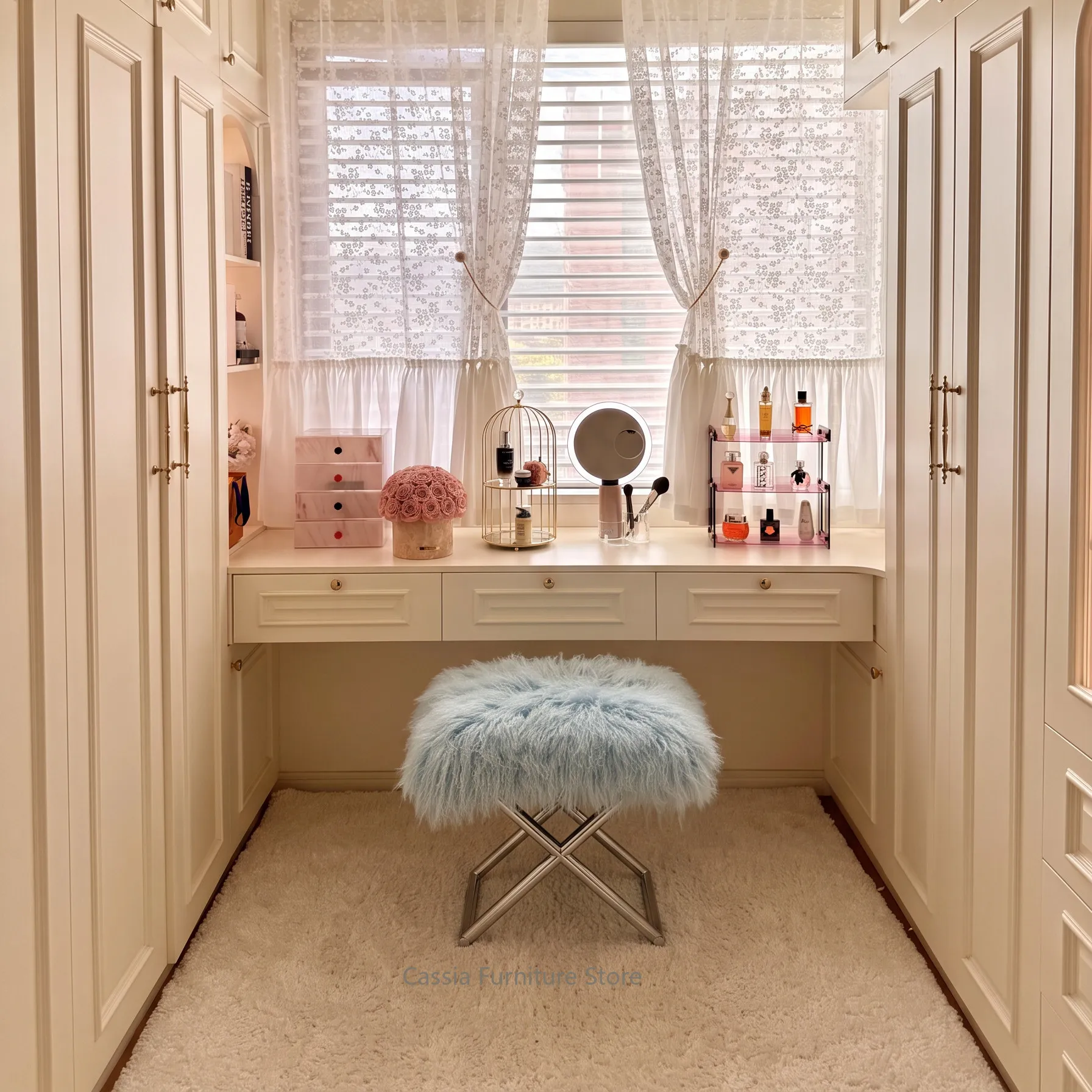 Modern Minimalist Plush Vanity Stool for Bedroom, Versatile Shoe Bench & Makeup Seat with High-end Feel