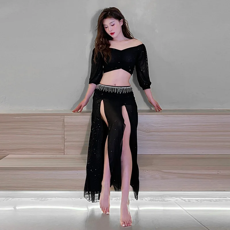 Belly Dance Professional Suit Women Mesh Short Sleeves Top+sexy Split Long Skirt 2pcs Girl's Exotic DancewearBelly Dancing Suit