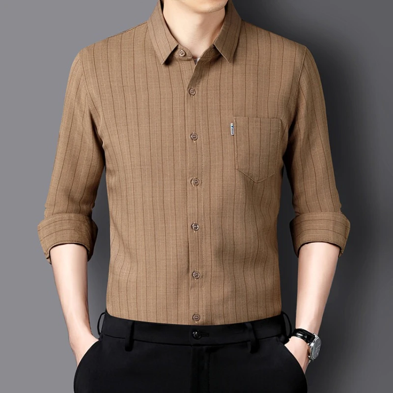 ​Men's Linen-Blend Striped Long Sleeve Shirt - Brown (6 Colors + Fleece Options)  Casual Autumn Style​ Daily Essential Versatile