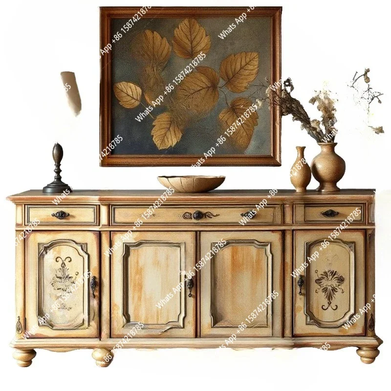 S French Retro Solid Wood Painted Entrance Cabinet Living Room Decorative Cabinet Multi-drawer Display Cabinet Locker