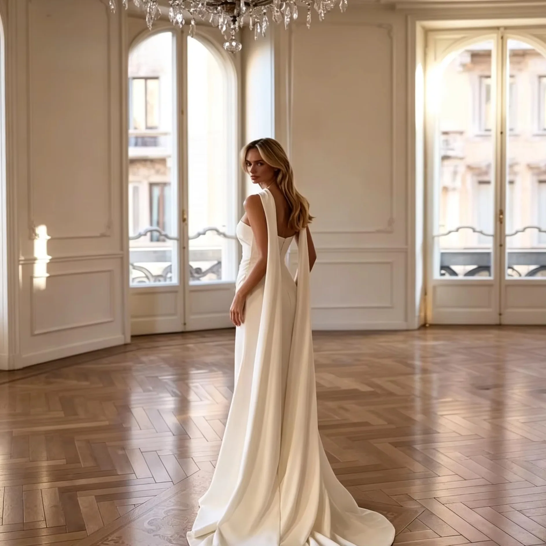 BIGDAY Satin Mermaid Wedding Dress Strapless Pleated Bridal Gown with High Slit Detachable Cape Simple Wedding Dress for Bride