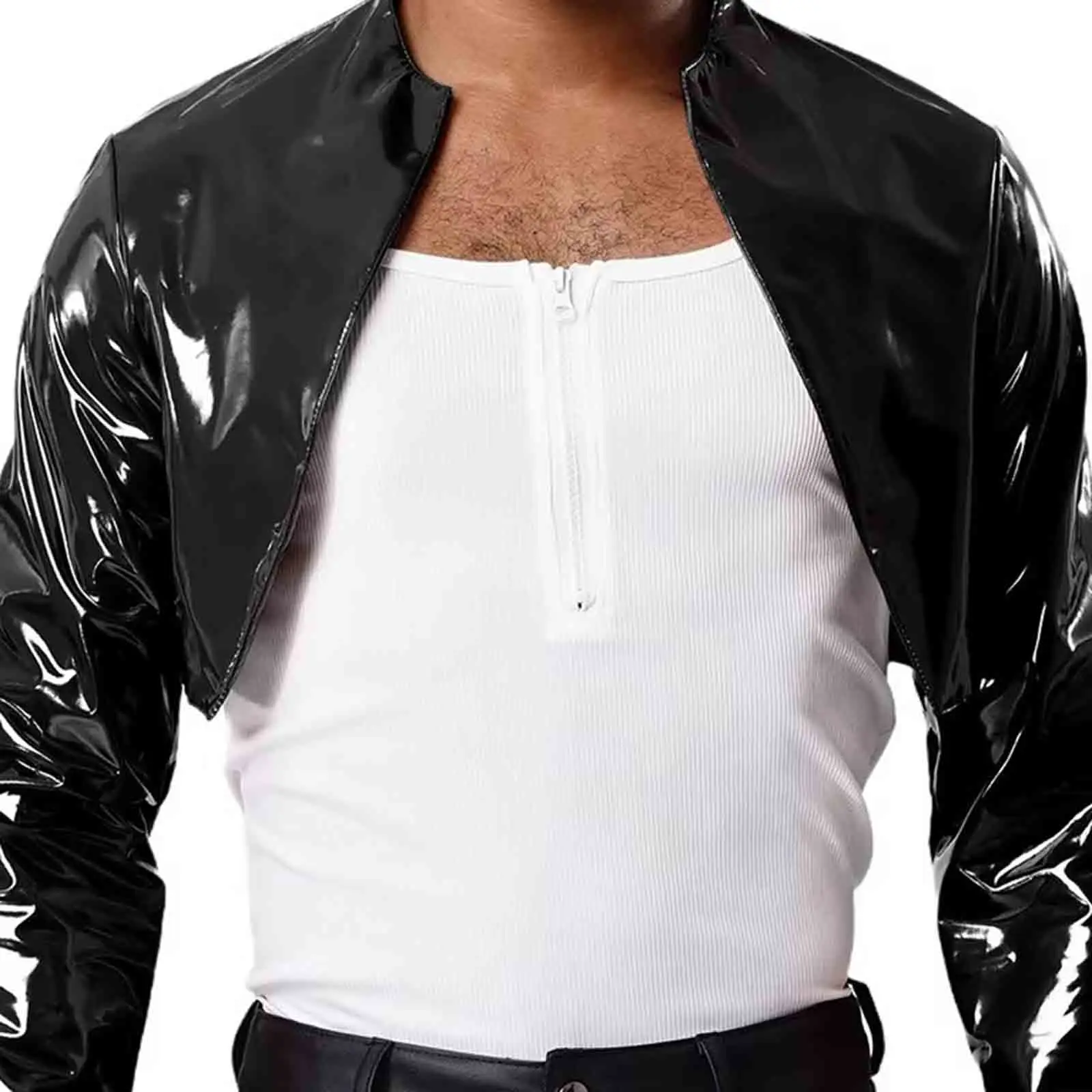 

Men Fashion PU Leather Cardigan Jackets Long Sleeve Shiny Motorcycle Biker Punk Cropped Jackets for Driving Party Disco Clubwear