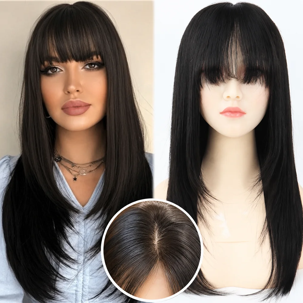 

Beginner Friendly Wig with Bangs for Women Medium Straight Face Framing Layers Hairstyle Scalp Glueless Length for Everyday Use
