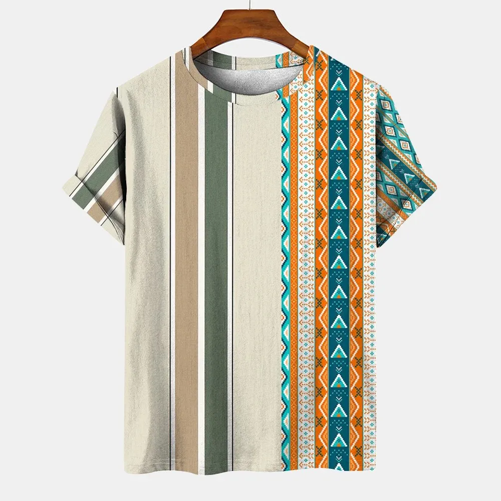 2026 Family Matching Ethnic Geometric Stripe T-Shirts Boho Tribal Print Short Sleeve Casual Tops for Mom Dad Kids