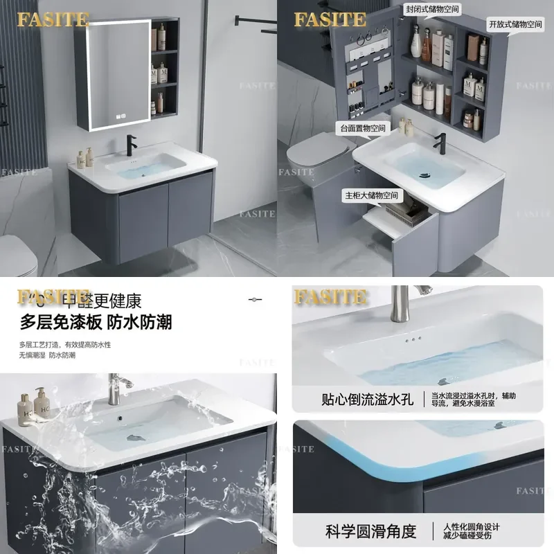 For Bathroom Wall Mounted Vanity Cabinet with Ceramic Integrated Rock Slab Sink Round Corner Washbasin Combo for Balcony