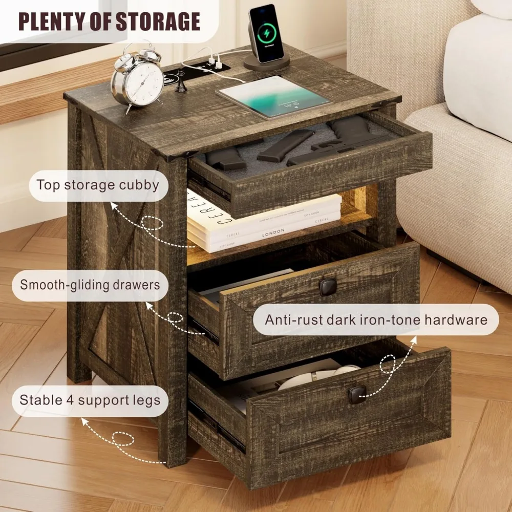 Nightstands Set of 2 with Gun Drawer, Farmhouse Bedside Table with Charging Station, Gun Night Stand with LED Light & Human Sens