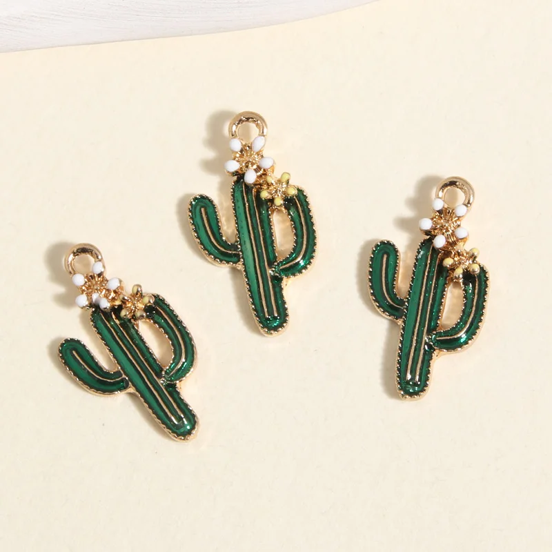 10pcs Gold Color Cute Enamel Cactus Flower Charms Green Plants Pendant For DIY Handmade Necklaces Earrings Jewelry Accessories