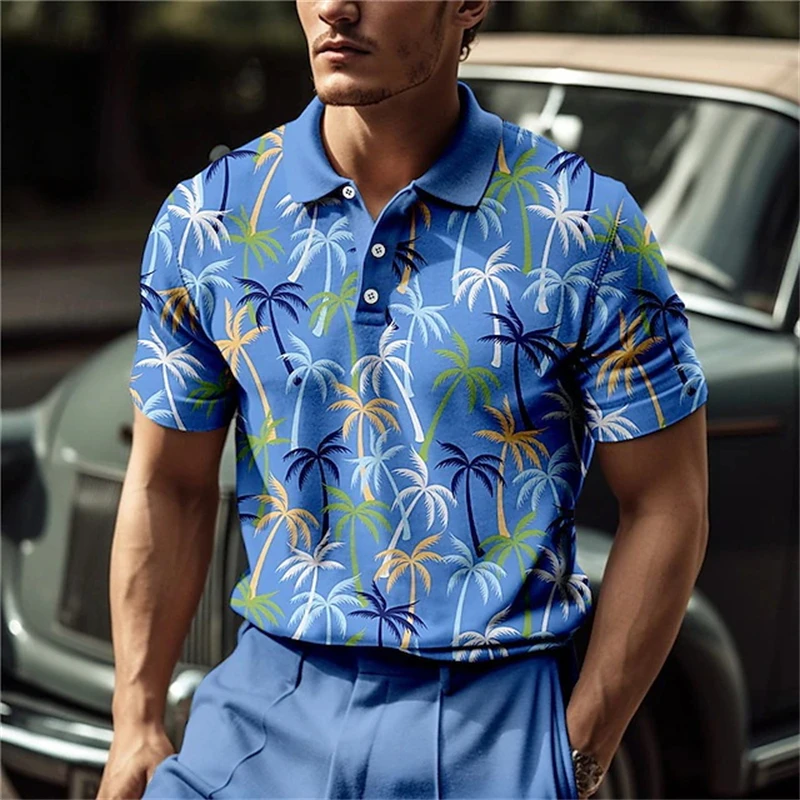 Hawaiian Beach Coconut Trees Polo Shirt For Men Summer 3D Print Leaves Short Sleeve Golf Polo Shirts Casual Street T Shirt Tops
