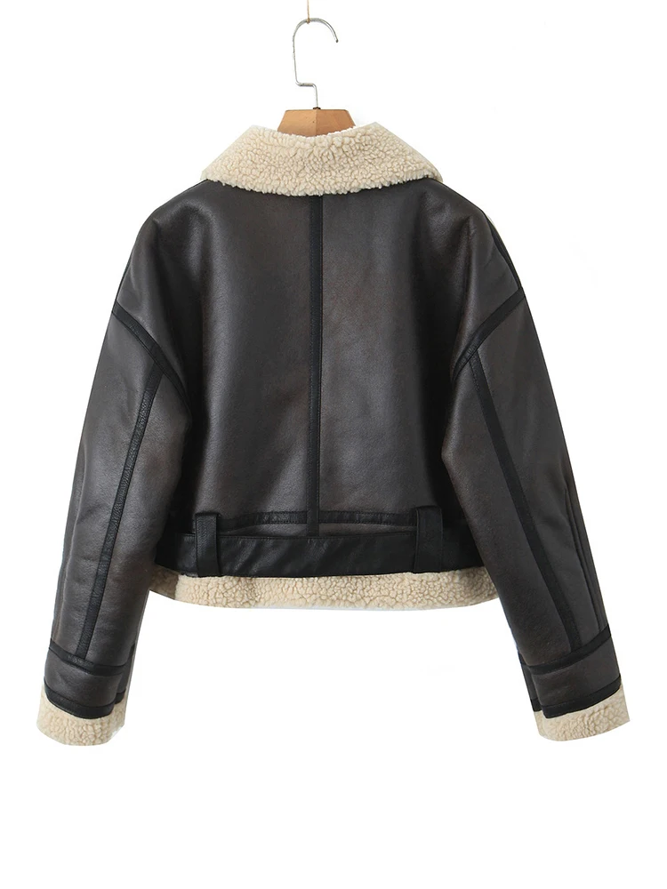 [EAM] Brown Lambswool Thick Big Size PU Leather Jacket New Lapel Long Sleeve Women Coat Fashion Tide Autumn Winter 2024 1DH8486