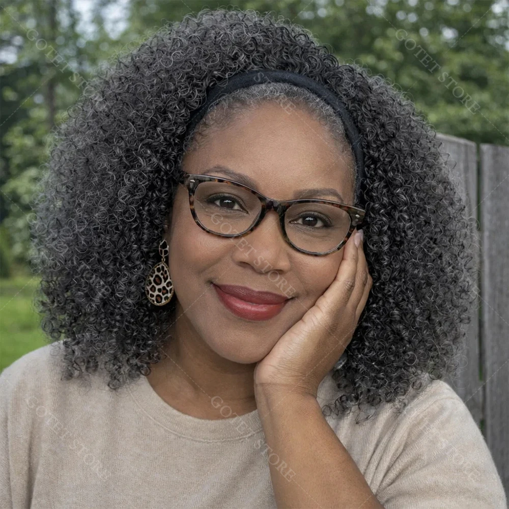 

Soul Lady Pre-Styled Wear & Go Salt & Pepper Kinky Curly Glueless Soft Gray Blend Human Hair Snug Fit Headband No-Shedding Wigs