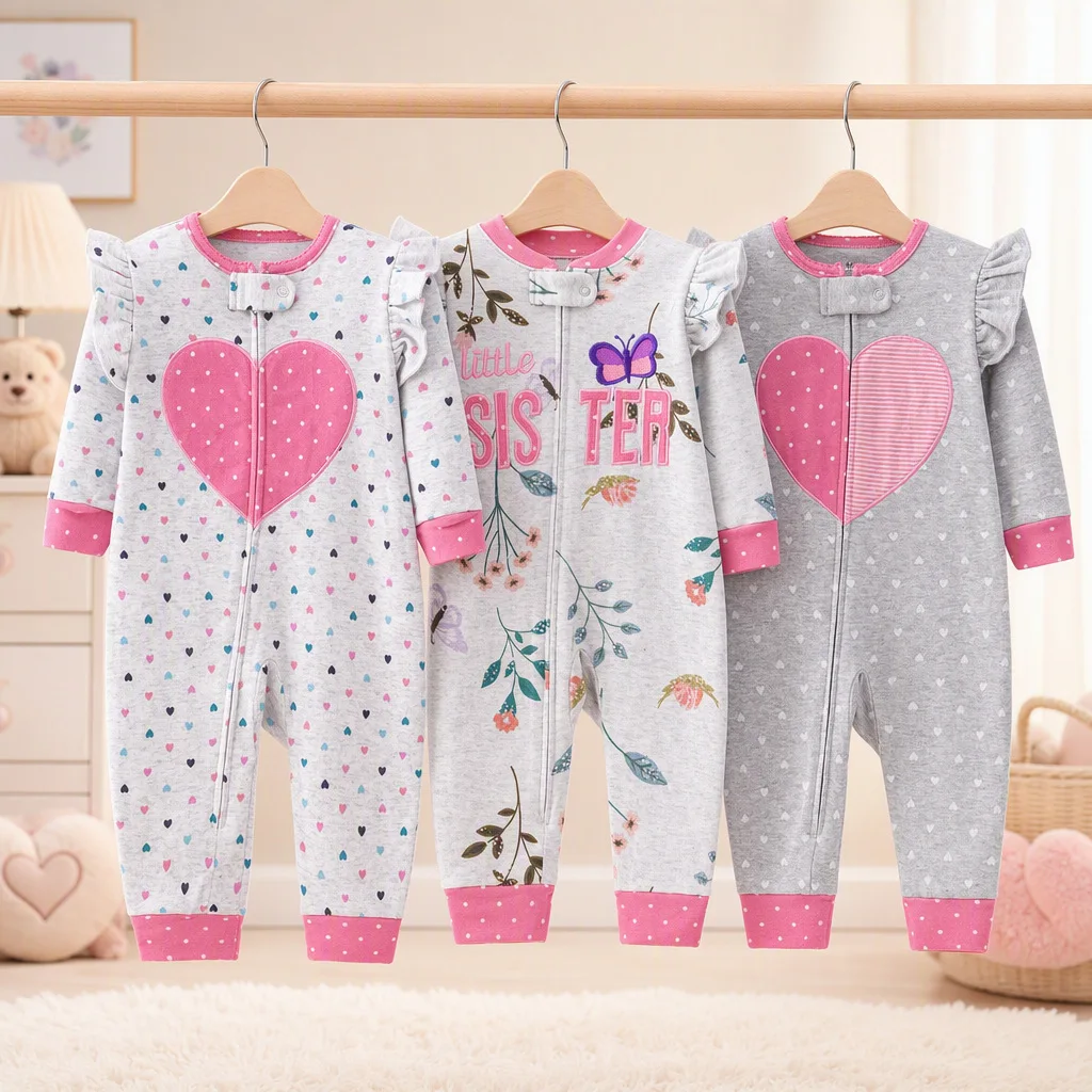 Infant Girls Double‑Sided Cotton Zip Romper Heart Letter Embroidery All‑Over Print Ruffle Sleeve All‑Season Baby Jumpsuit 6‑24M