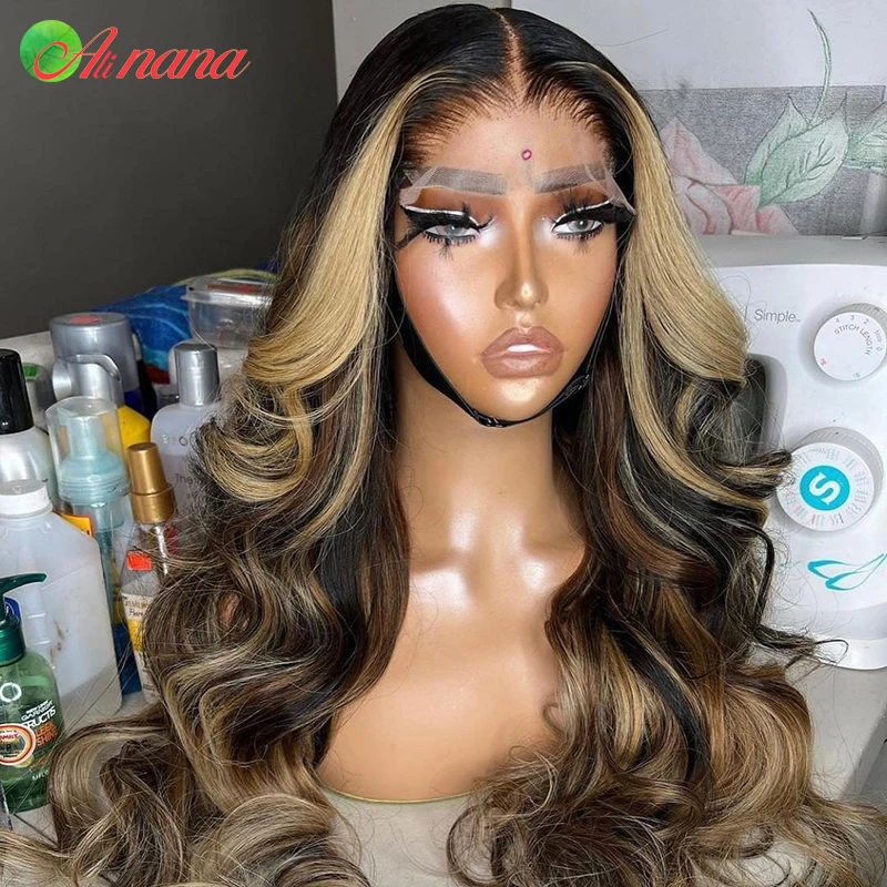 Onda do corpo peruca de cabelo humano para mulheres, marrom ombre, fechamento transparente do laço, peruca frontal do laço, destaque 5x5, 30 ", 13x6