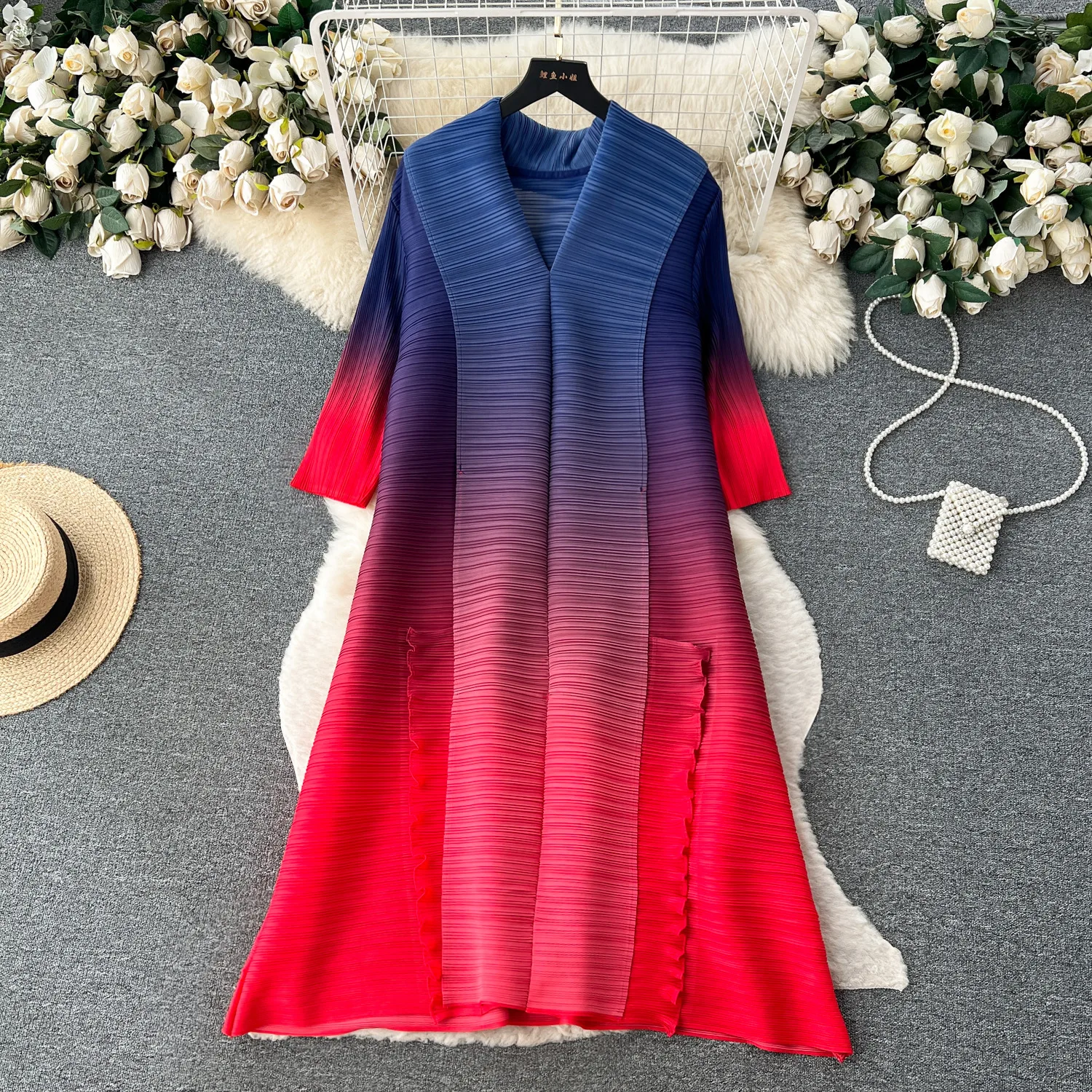 French Vintage High Grade Gradual Color Changing Pleated Split Belt Lapel Dress Women's Loose and Slim A-line Large Swing Skirt