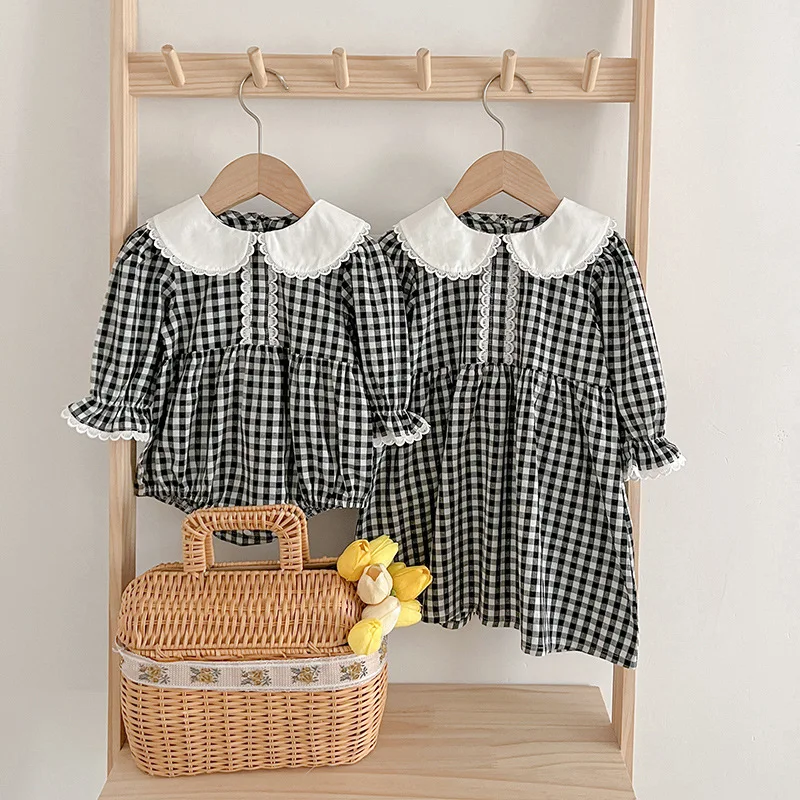 

Baby Girl Dress Infant Spring Autumn Plaid Stylish Doll Collar Romper Baby Long Sleeve Crawling Outfit Sister Matching Outfit