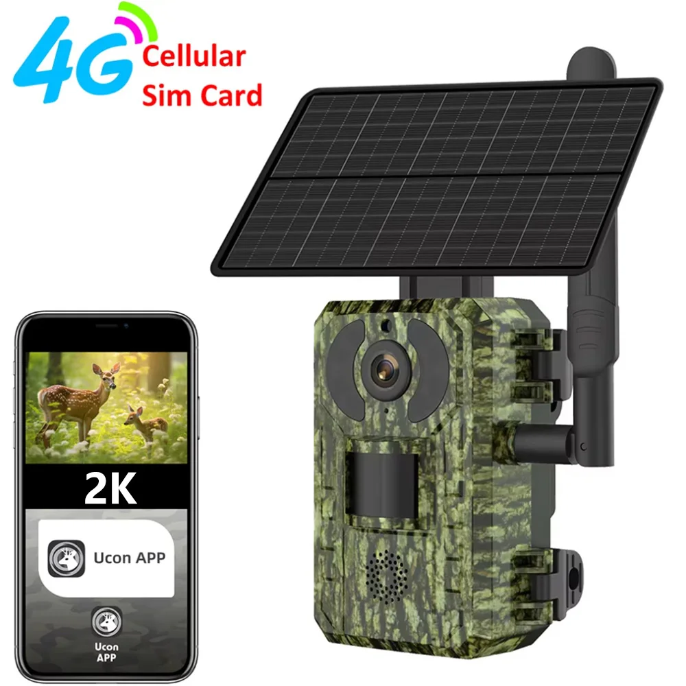 Caméra de chasse solaire 4G cellulaire 2K avec détection de mouvement PIR, vision nocturne extérieure IP65 sans exposition rouge