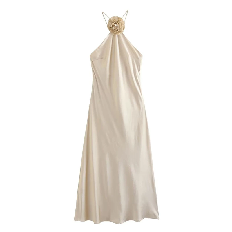 Robe de Soirée Sexy en Satin pour Femme, Tenue à Fleurs, Dos aux, Col Licou, Maxi, Été