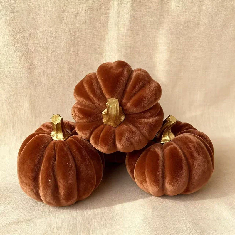 Brown Flocking Pumpkin Statue Artwork Desk Decoration Creative Pumpkin Sculpture Resin Crafts Ornaments Room Aesthetic Decor