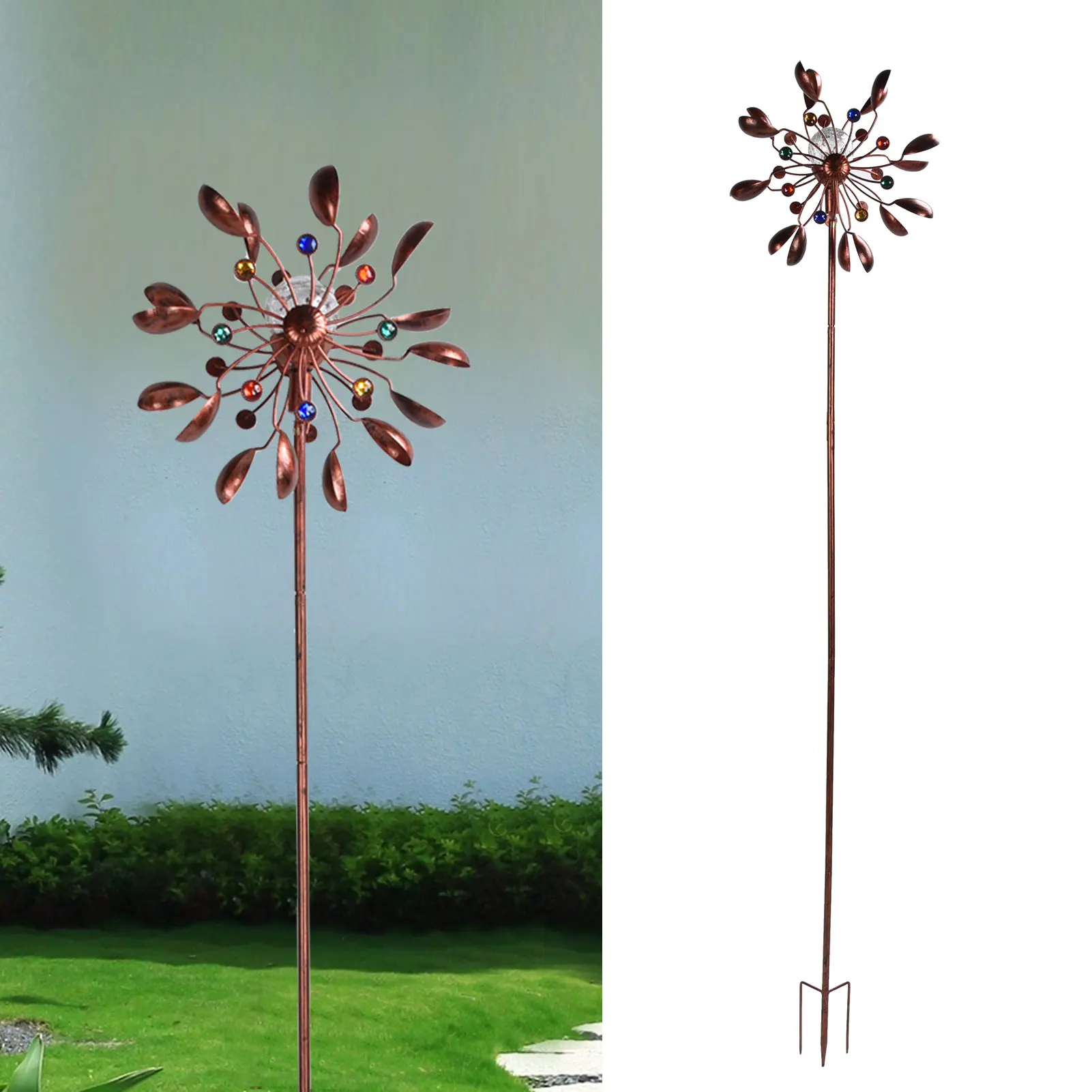 Solar Wind Spinner Bronze Iron Glass Ball LED Light For Garden Yard Lawn Dual Layer Rotating