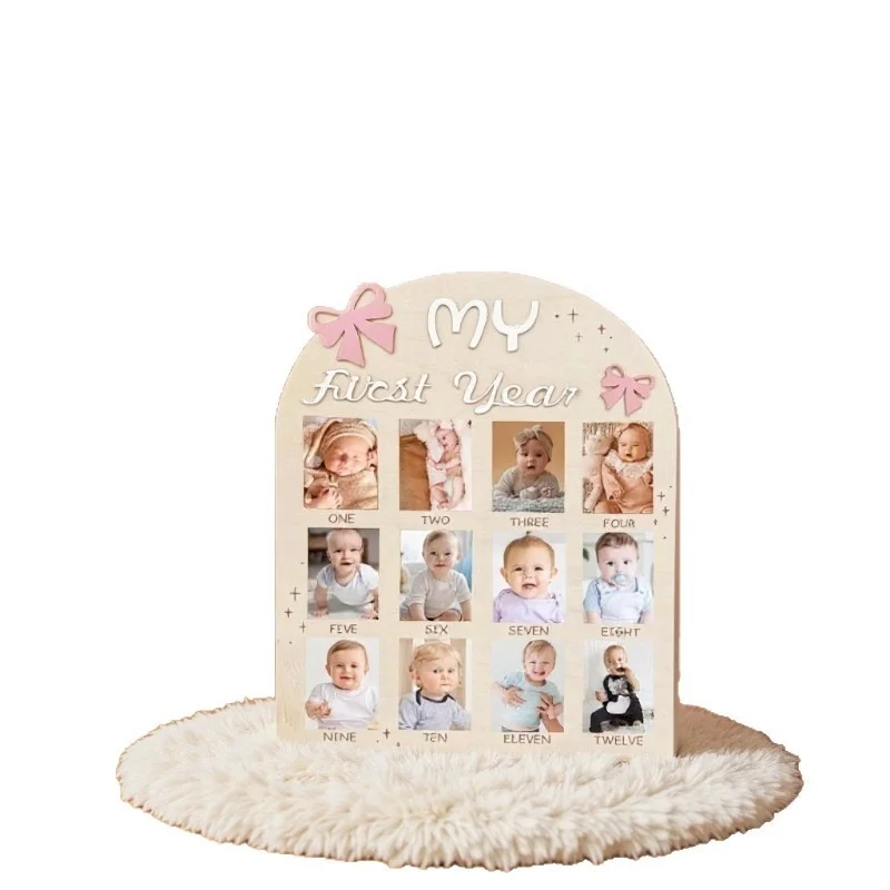 My Baby's First Year Wooden Photo Frame, 1-12 Months Baby Growth Memory Picture Display Board, Arched 3D Butterfly Decoration, Newborn Baby Baptism First Birthday Gift, Baby Room Desktop Home Decoration