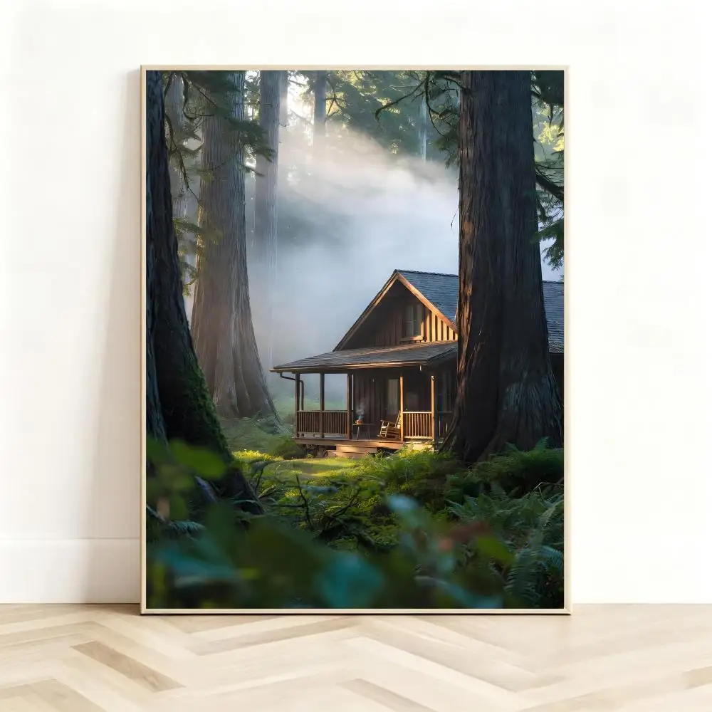 Tranquil Nature Art F-Forest Cabin Morning Mist Poster Classic Self-Adhesive PP Wall Sticker for Living Room Bar Decor Gift