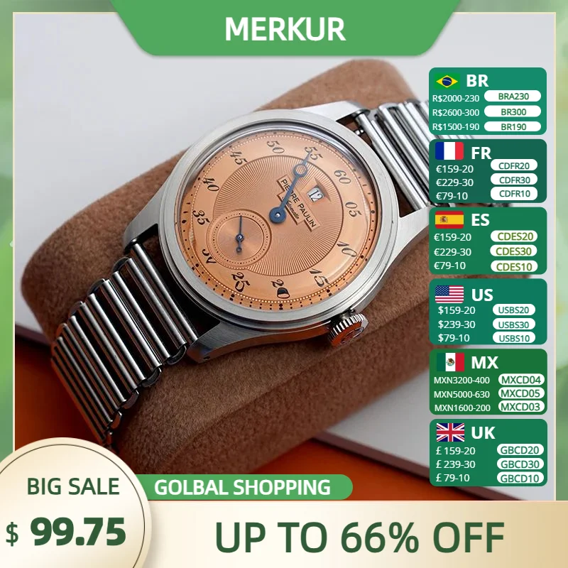 จุดสินค้าใหม่ Pierre Paulin กระโดดชั่วโมงนาฬิกาผู้ชาย Salmon Dial อัตโนมัติ St17 นาฬิกา Vintage Bonklip สร้อยข้อมือ