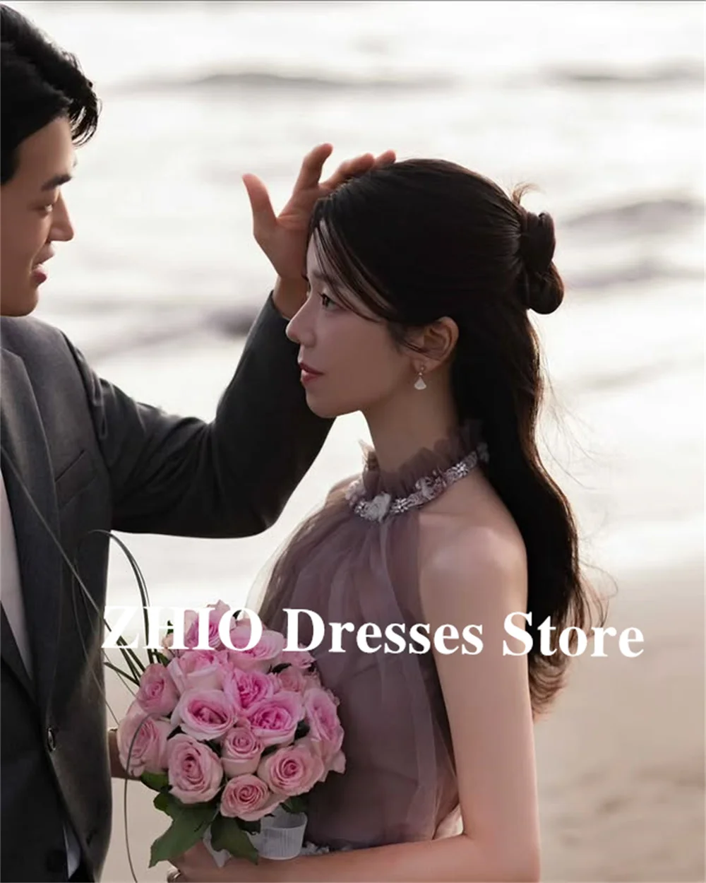 ZHIO الجنية الأرجواني المغبر الرسن فساتين لحضور الحفلات الموسيقية كوريا التقطت الصور الطيات ألف خط رداء حفلات الزفاف طول الأرض الديكور حسب الطلب