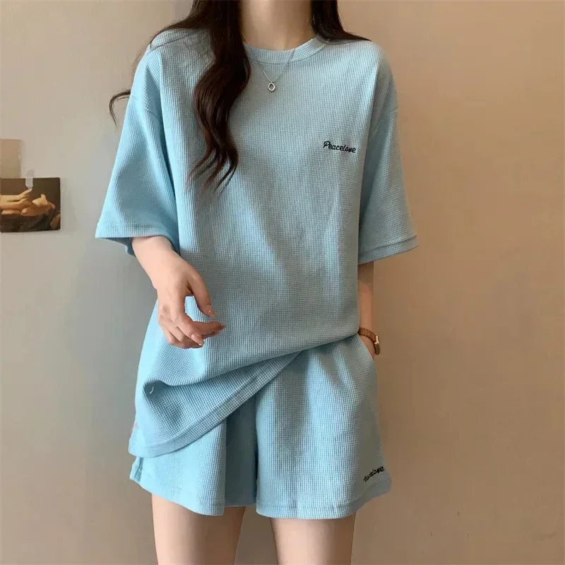 Fashion Versatile Embroidery Two Piece Set Simple Casual High Waisted Short Summer Women\'s Suit Loose Short Sleeve Shorts Sets