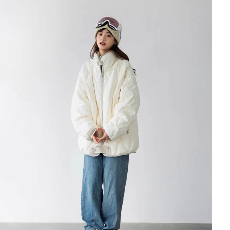 French New Off White Lapel Warm Jacket Vintage Baggy Straight Coat Harajuku Casual Female Puffer Comfortable Outwear Winter 2023