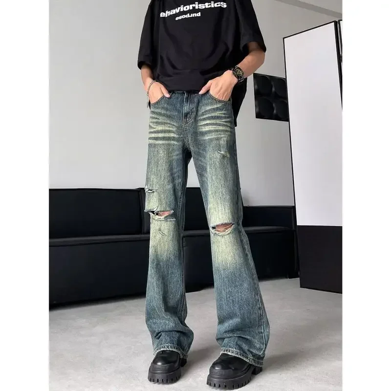 Juspinice Summer Hole Washed Jeans Men Harajuku High Street Baggy Wide Leg Straight Denim Pants Gothic Distressed Jean Trousers