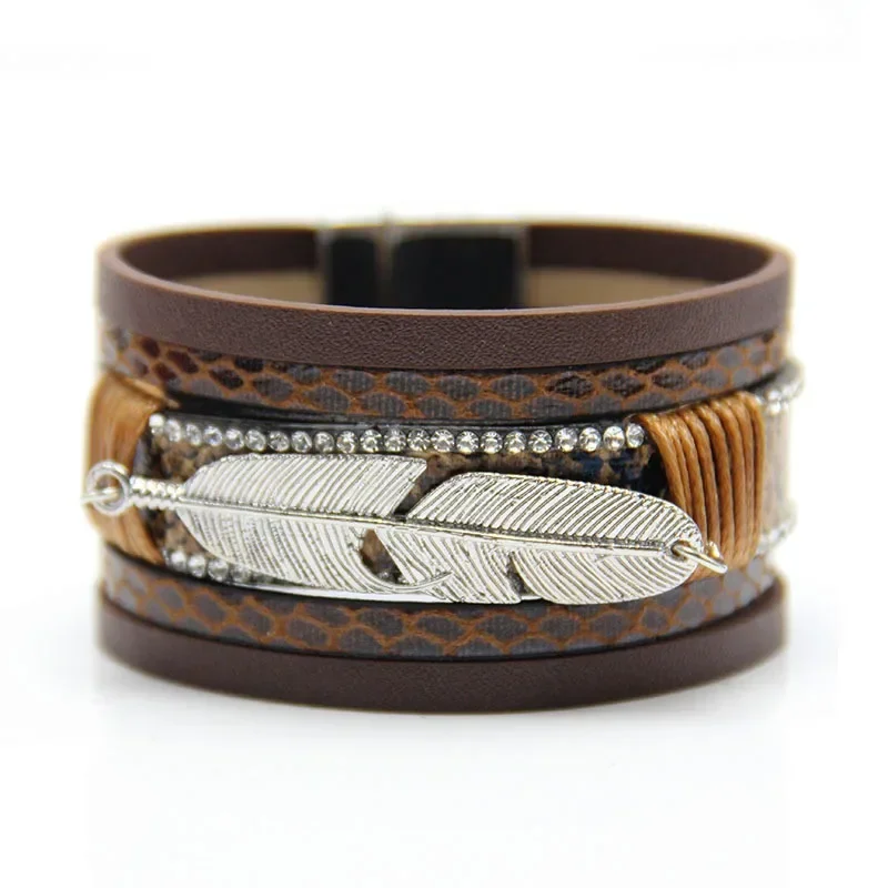 

Fashion light luxury feather hand-woven leather charm bracelet for women and men, magnetic clasp bangle