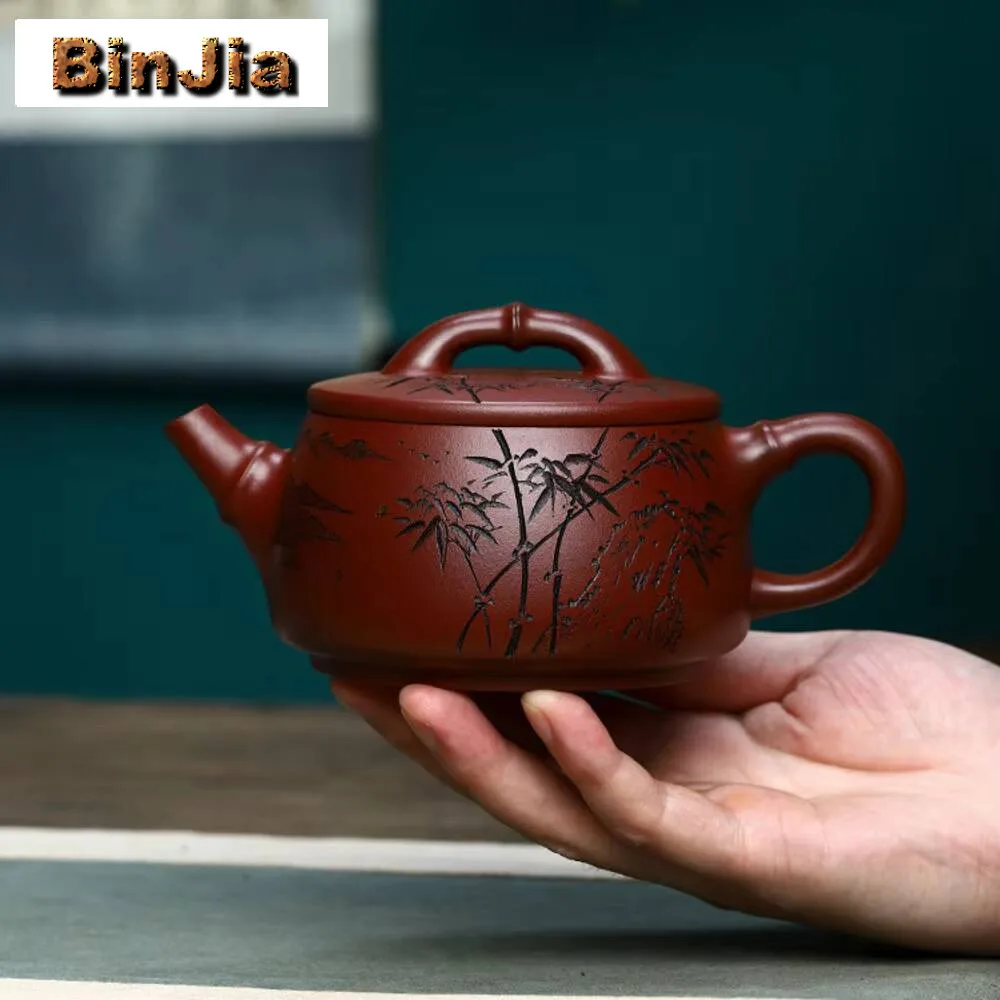 350 مللي أصيلة ييشينغ اليدوية الأرجواني الطين إبريق الشاي اليد نقش الخيزران براد شاي الجمال Infuser غلاية الصينية Zisha مجموعة