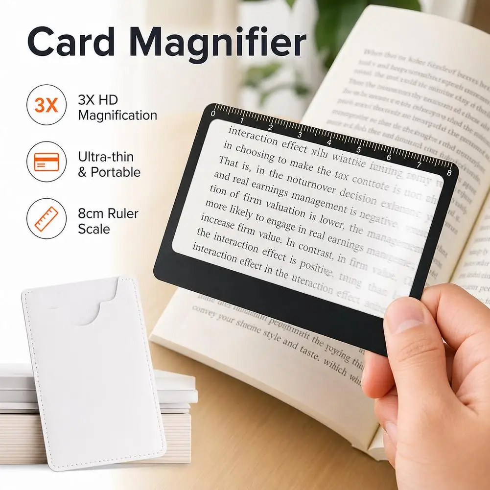 3X Portable Credit Card Size Magnifier with Ruler, Pocket Flat Bookmark Magnifying Glass for Elderly Reading Small Print Labels
