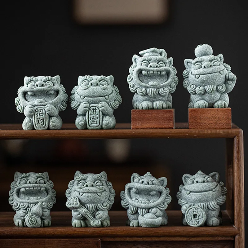 

New Chinese Cute Little Lion Tea Ornaments Decoration Creative Fortune Jinbao Bocai with Base Living Room Desktop Decoration