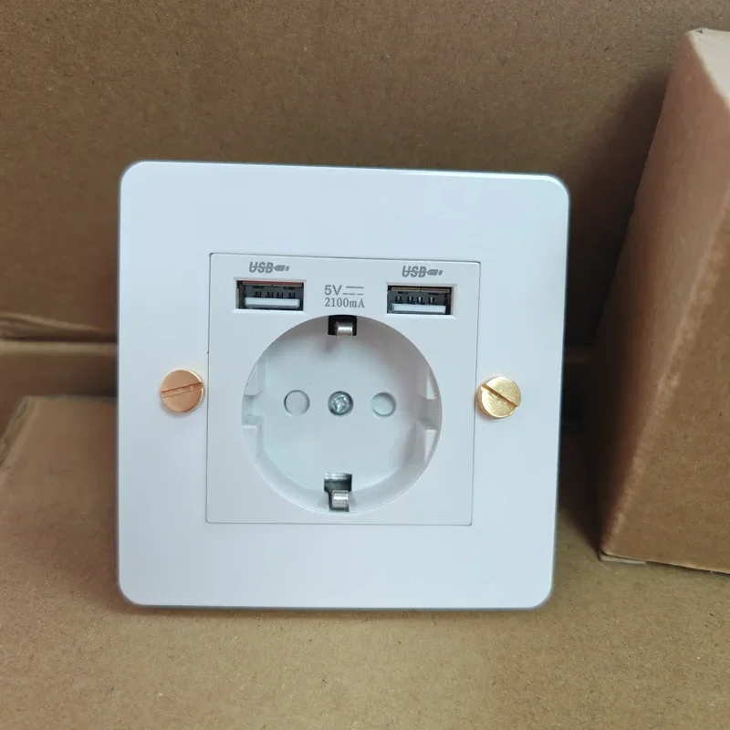 USB EU Socket  Wall Light Toggle Switch White Stainless Steel Panel with Gold Brass Switch