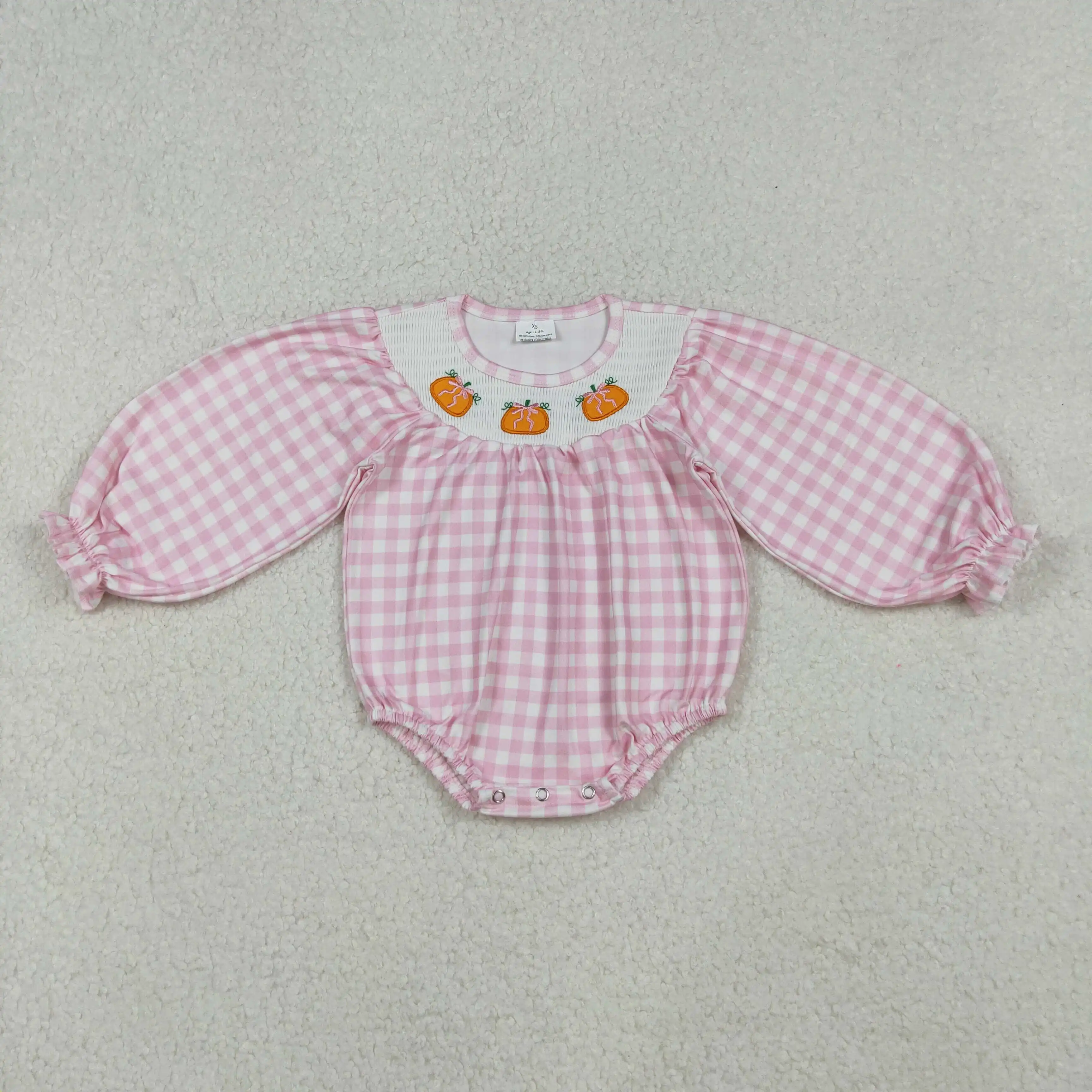 

X10.7 Thanksgiving smocked embroidered butterfly pumpkin pink plaid baby girls romper long sleeve onesie