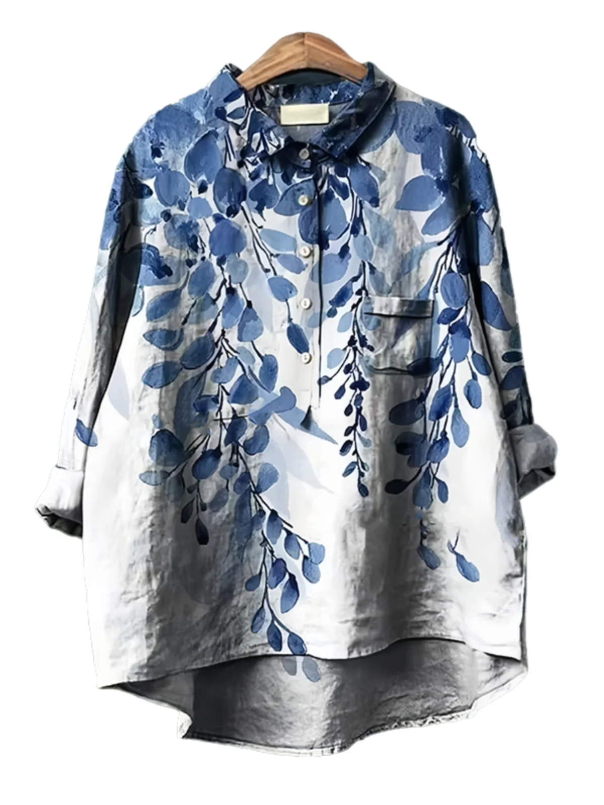 Retro azul impressão linho longo sve irt feminino solto casual emagrecimento camiseta algodão linho topo primavera 2025 comute sle