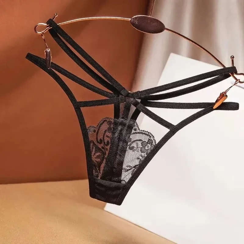 

Sexy Perspective Women's Underwear Lace Fashion Cross Belt Bundled Thong Embroidered G-String Girls Briefs Ladies Transparent