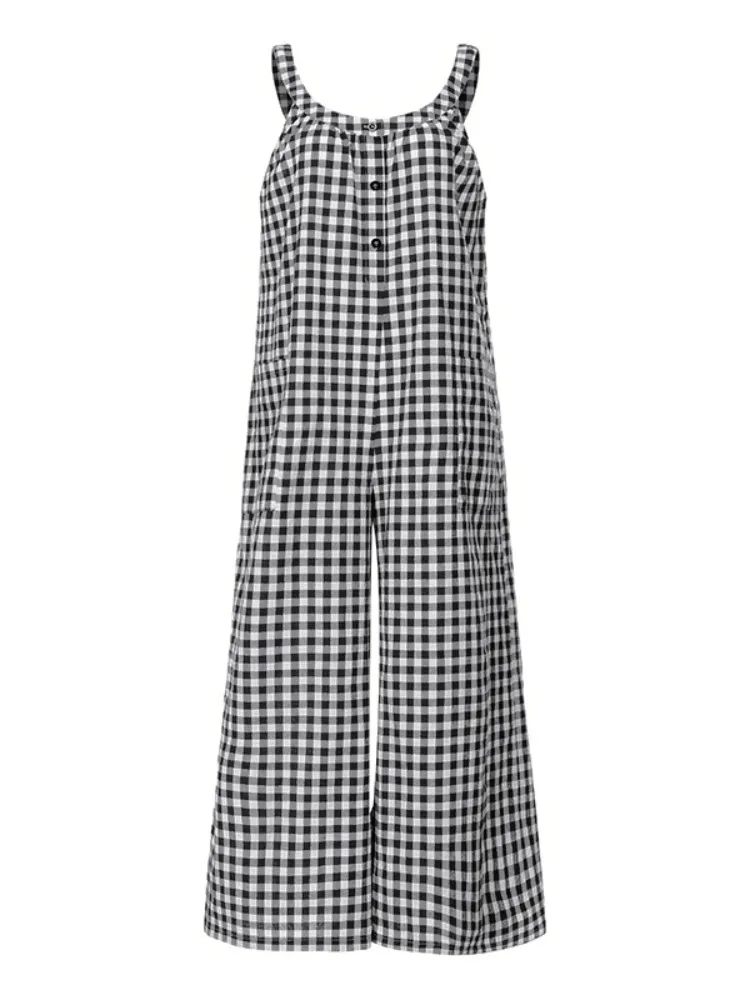 2023 Fashion Women Plaid Playsuits Celmia Summer Bohemian Jumpsuits Vintage Wide Leg Pants Casual Sleeveless Trousers Overalls