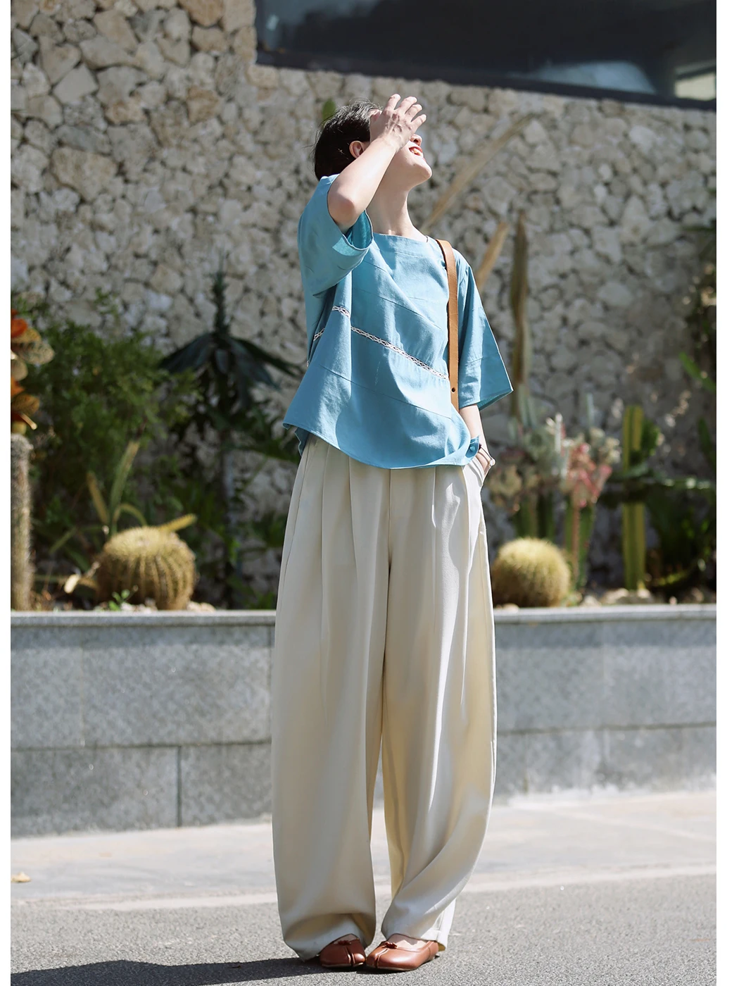 

Женские повседневные свободные брюки с высокой талией, широкие штанины на резинке, весна 2026, новинка Sle Huají L084, цвет хаки, полиэстер