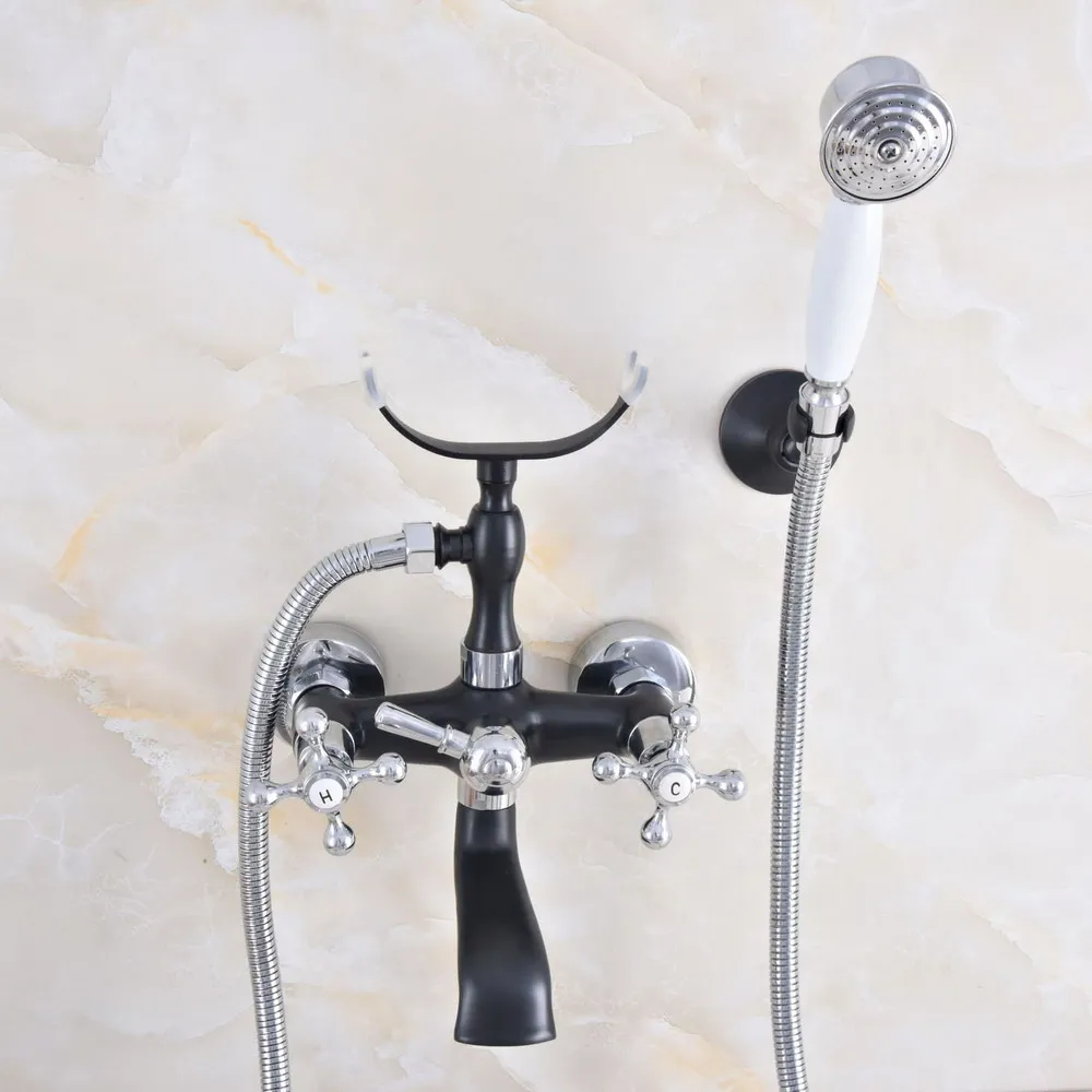 

Black Oil Rubbed & Chrome Brass 2 Handle Wall Mounted Bathroom Tub Faucet Set with 1.5M Hand Held Shower Spray Mixer Tap 2na626