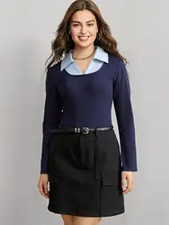 DUSHU【3 Colors】Women Spring Long Sleeve Tops Contrasting Color Female Commuter Black Knit Top Slim Long Sleeve T-Shirt 25DS81186