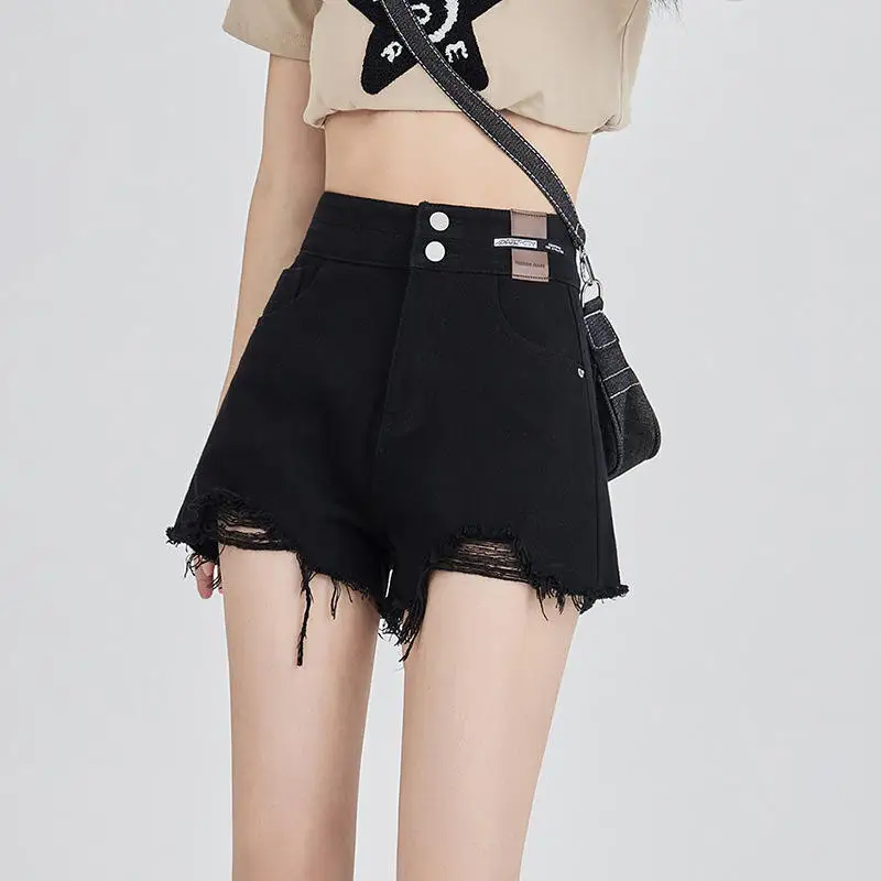 High Waist A-Line Skinny Denim Shorts Women's Summer Thin New Style Double Buckle Wide Leg Jeans Trendy Hollow out Design