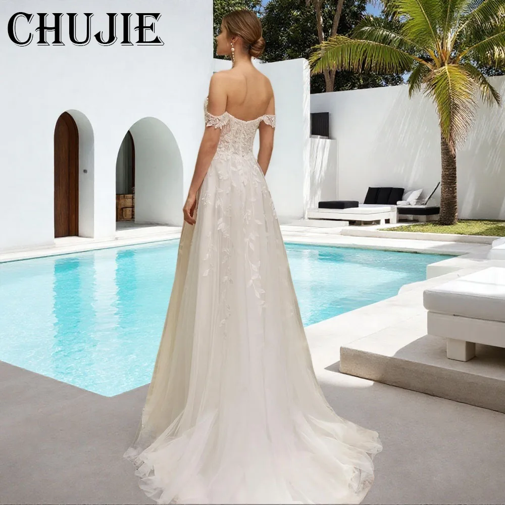 

Appliques Off Shoulder Wedding Dresses Sweetheart Bridal Gowns With Train A Line Pleated Customized Bride Dress فستان المساء