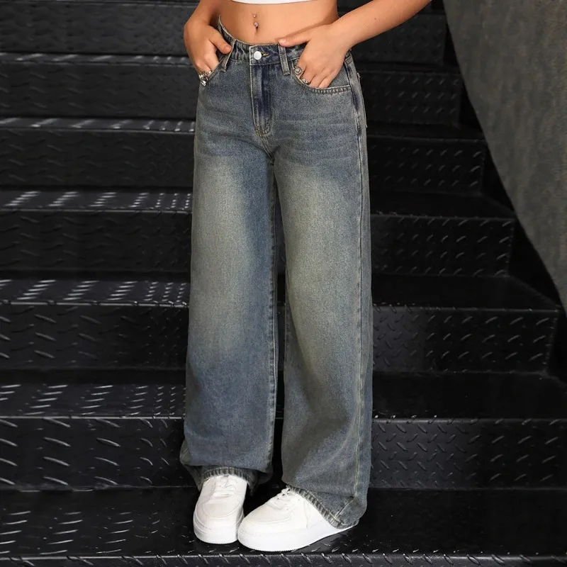 

2026High Waist Leisure Denim Slim Jeans Women's Loose Straight Floor-Length Pants Spring Autumn Solid New Style Women Pants