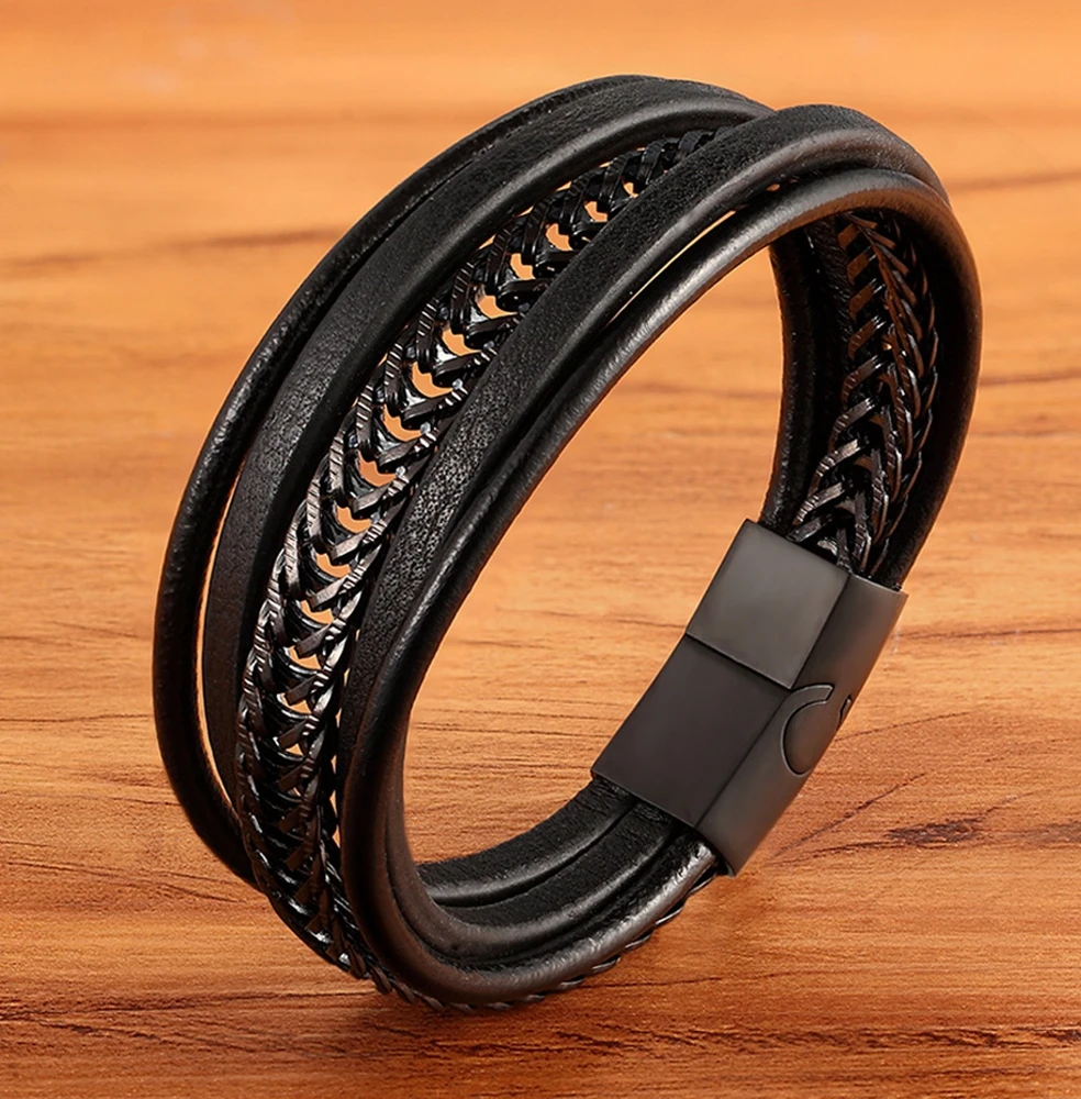 Fashion Geometrically Irregular Graphics Stainless Steel Genuine Leather Bracelet Black Color Accessories Chain Jewelry For Men