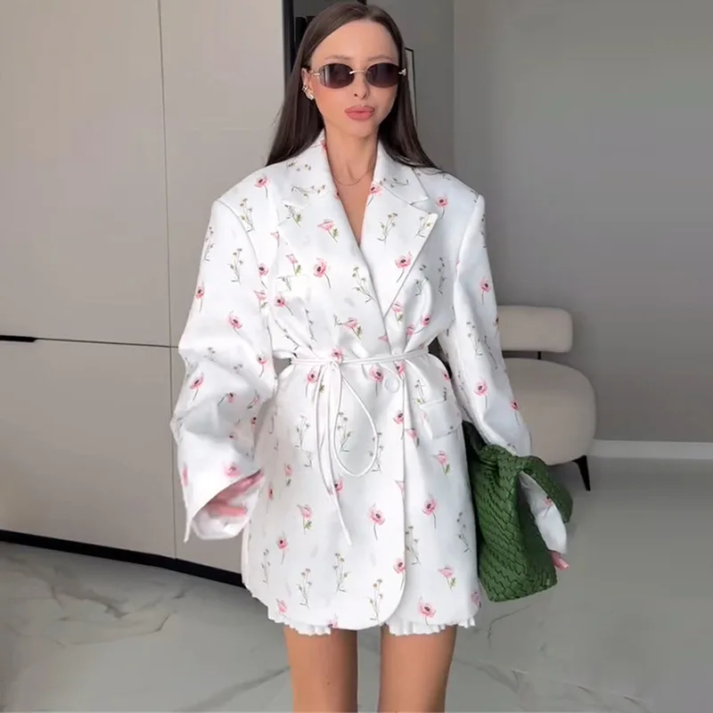 Floral Print Belted Blazer Women Notched Collar Long Sleeve Shoulder Pads Loose Fit Elegant Casual Streetwear Commuting Jacket