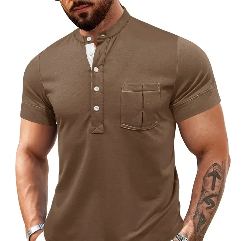 

Men's Shirt Henley Collar Summer Men Casual Solid Color Short Sleeve T Shirt for Men Polo Men High Quality Mens T Shirts